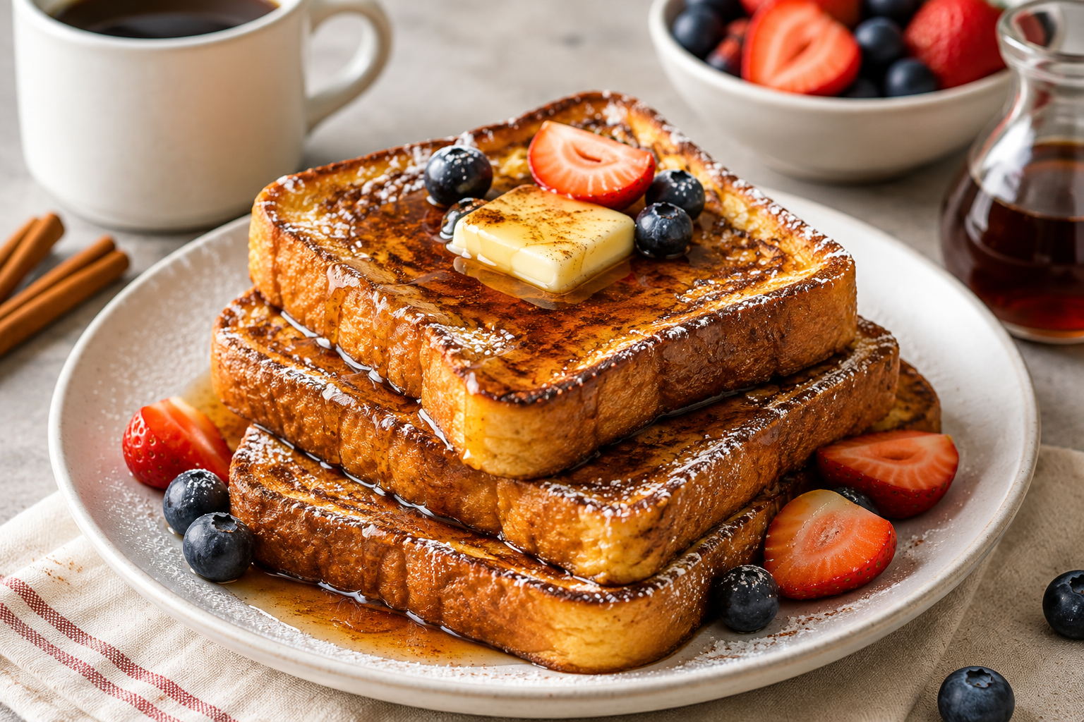 Golden French toast topped with butter, berries, powdered sugar, and maple syrup
