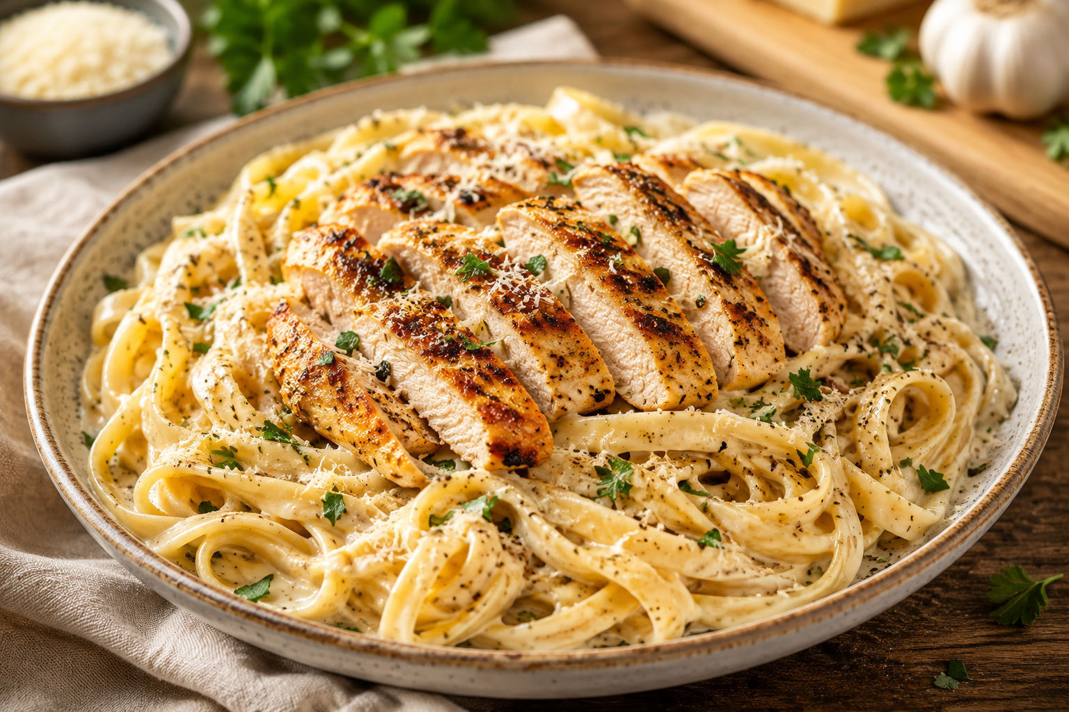 Creamy garlic chicken pasta with grilled chicken and Parmesan