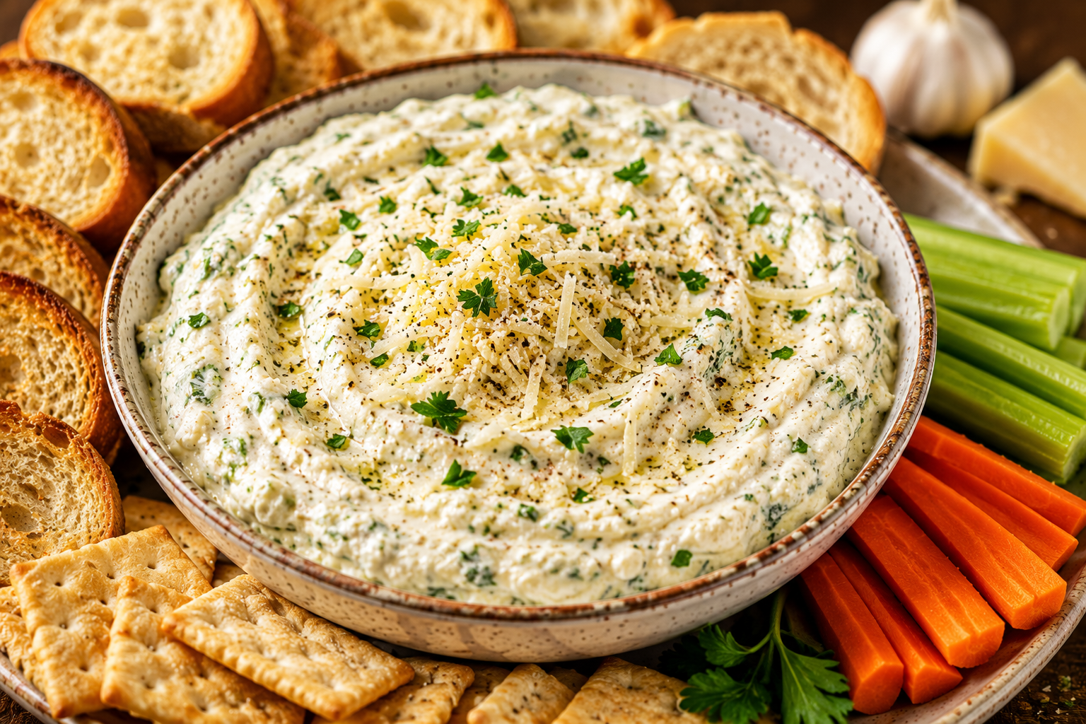 Creamy garlic Parmesan dip served with toasted bread, crackers, carrots, and celery