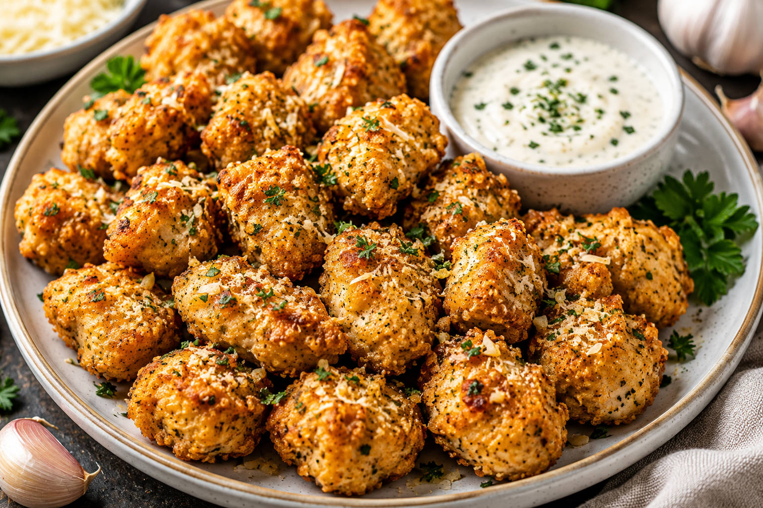 Crispy garlic chicken bites served with creamy dipping sauce