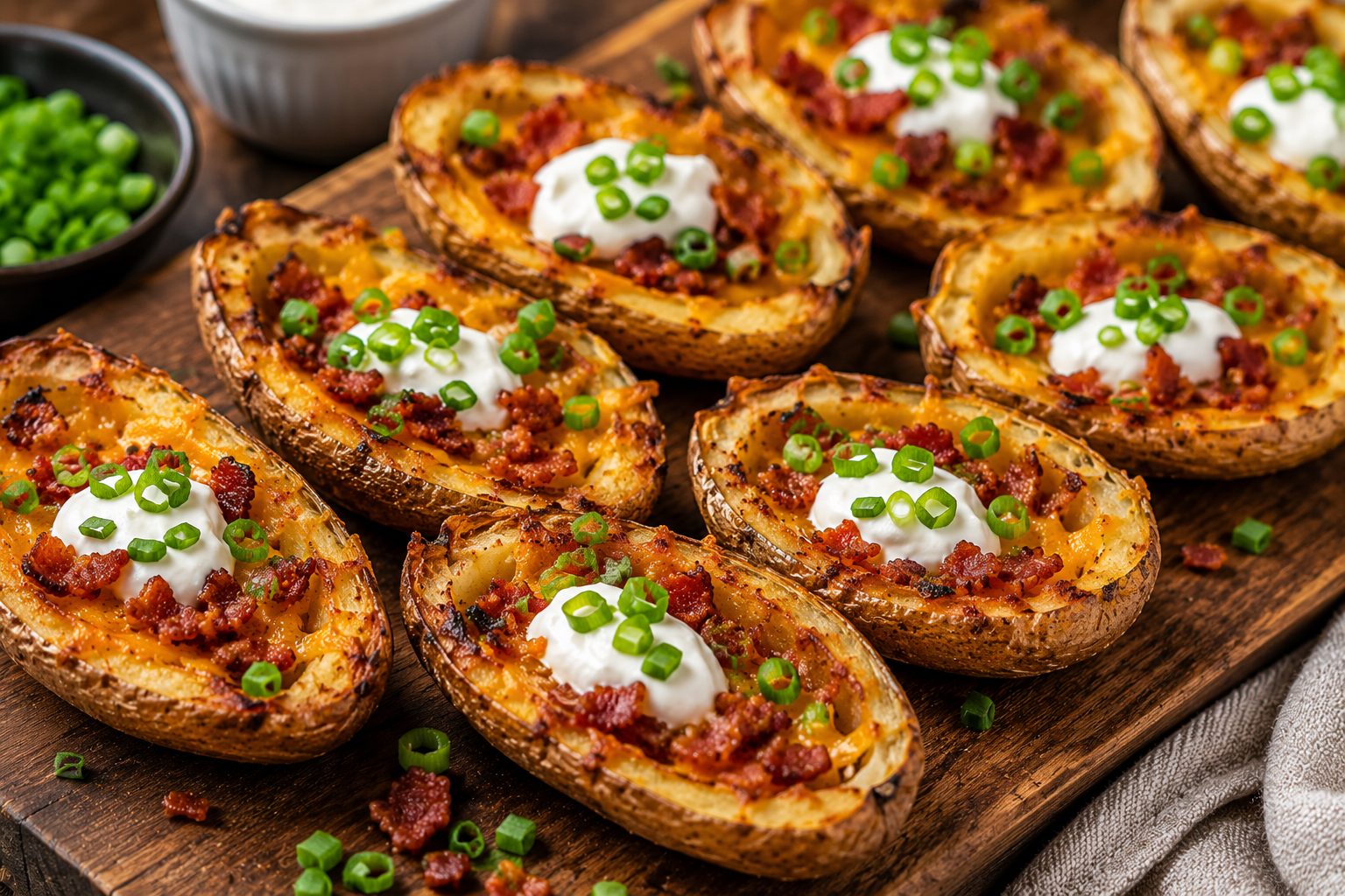Crispy loaded potato skins with melted cheddar, bacon, sour cream, and green onions