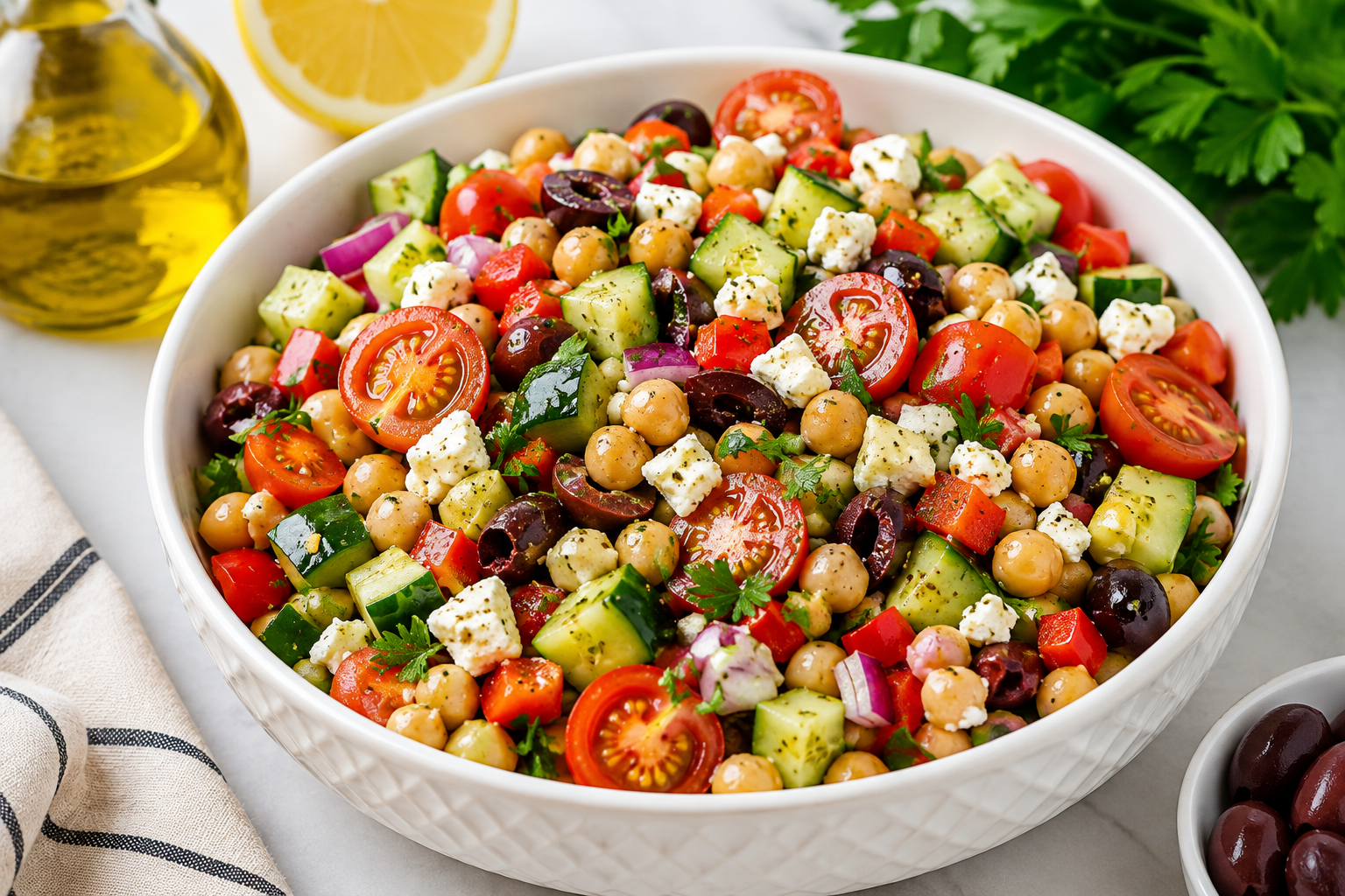 Colorful Mediterranean chickpea salad with tomatoes, cucumber, olives, feta, and fresh herbs