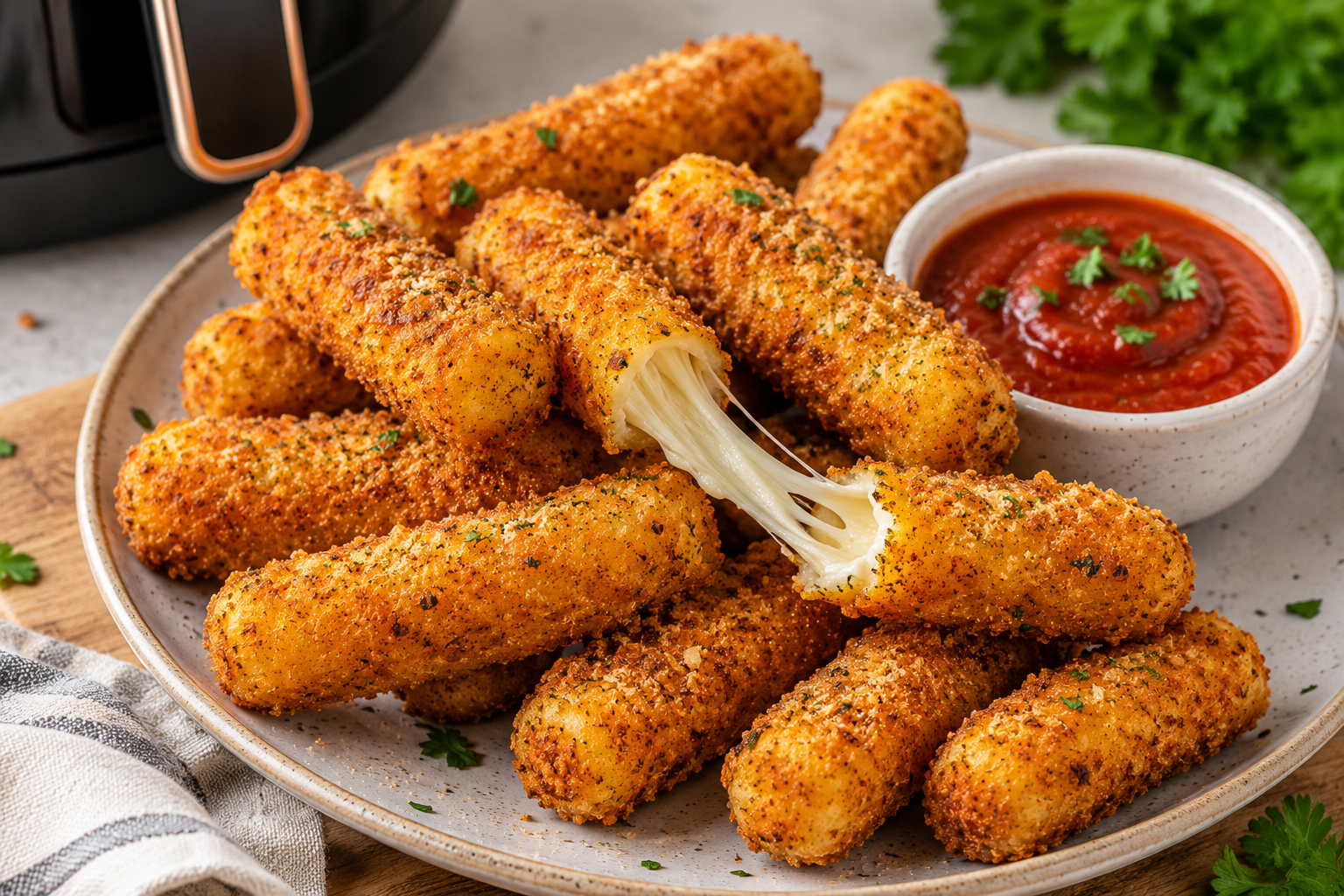 Crispy golden air fryer mozzarella sticks with melted cheese and marinara dipping sauce