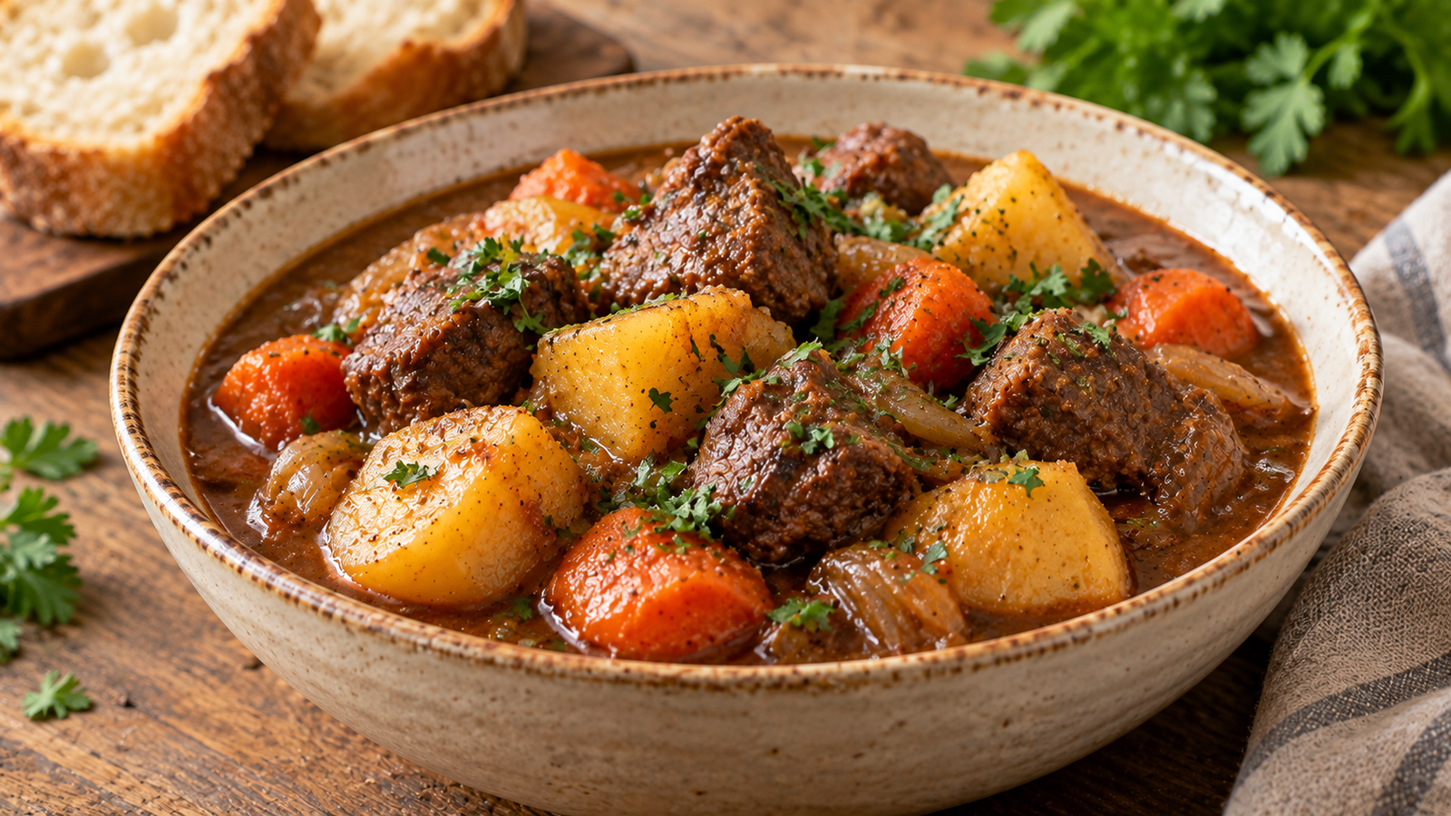 A bowl of homemade beef stew with tender beef chunks, potatoes, and carrots in a rich brown broth, garnished with parsley