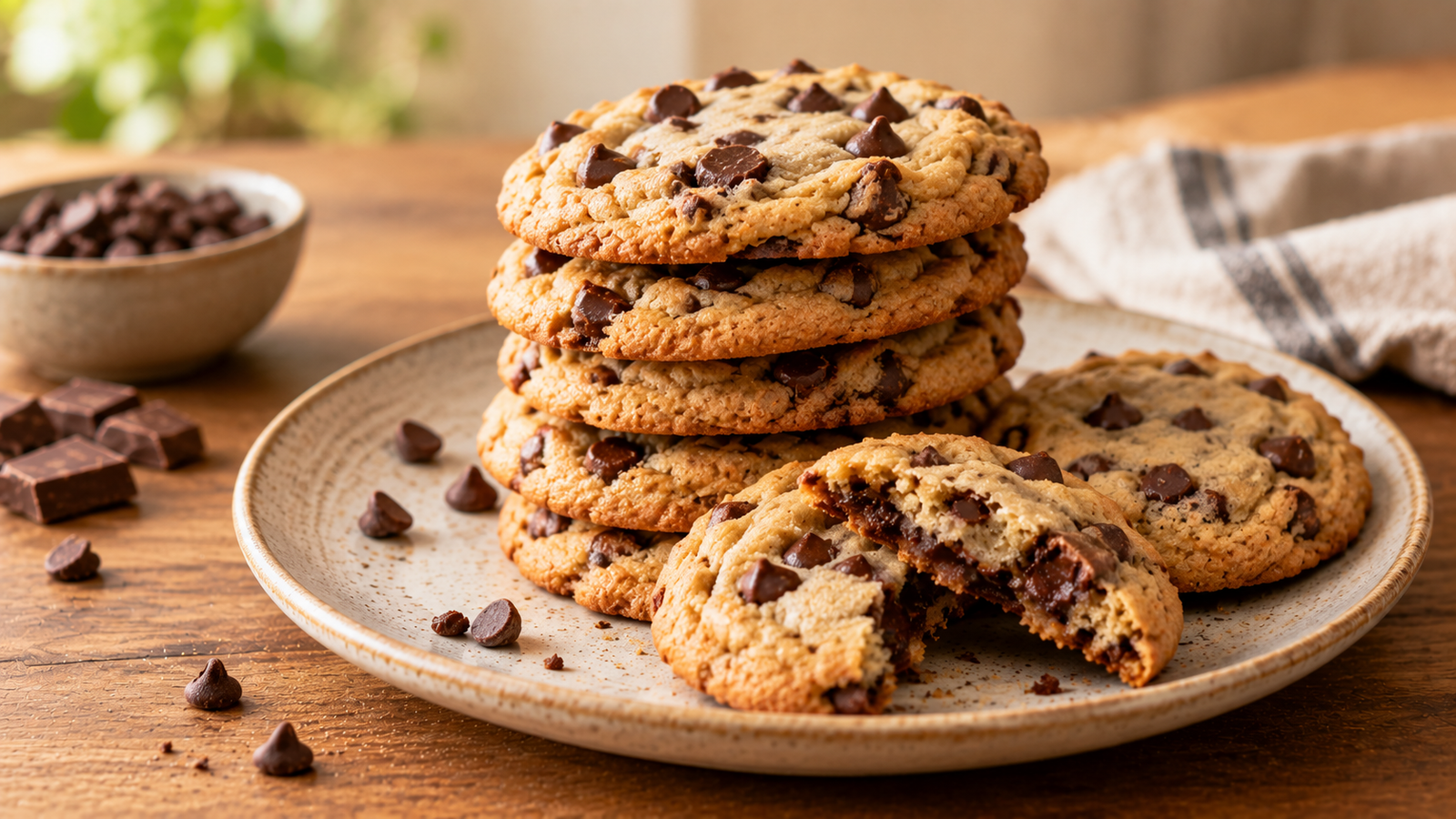 Stack of golden chocolate chip cookies with soft chewy centers on a cooling rack