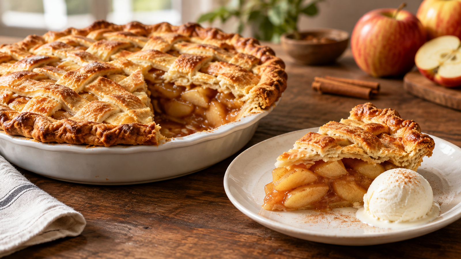 Classic homemade apple pie with a golden flaky crust and cinnamon apple filling