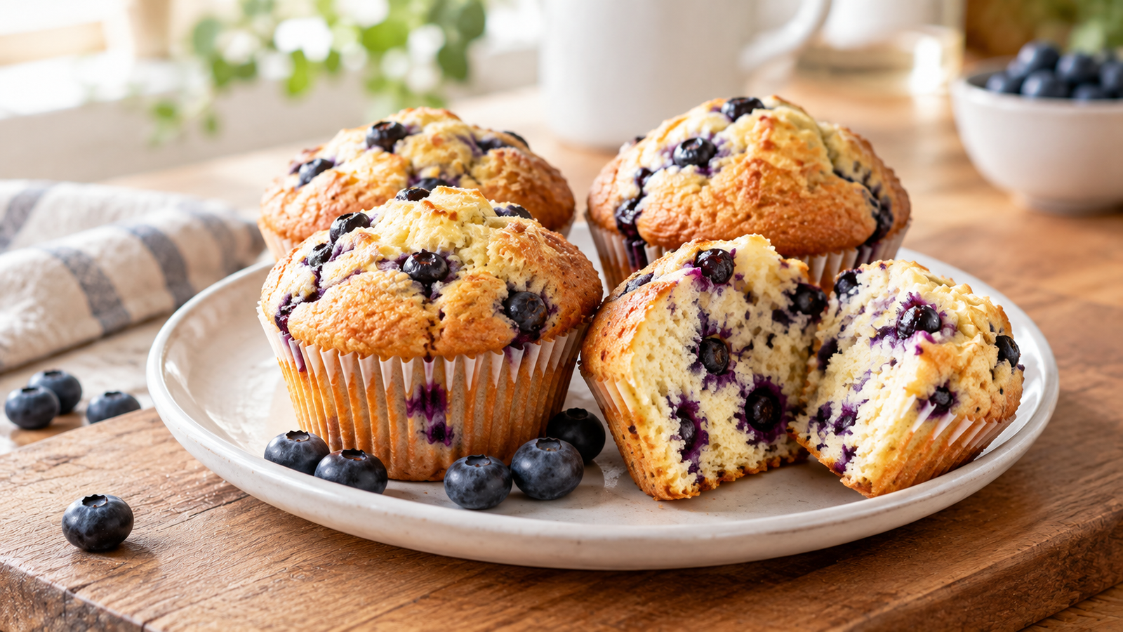Classic homemade blueberry muffins with juicy blueberries and golden tops