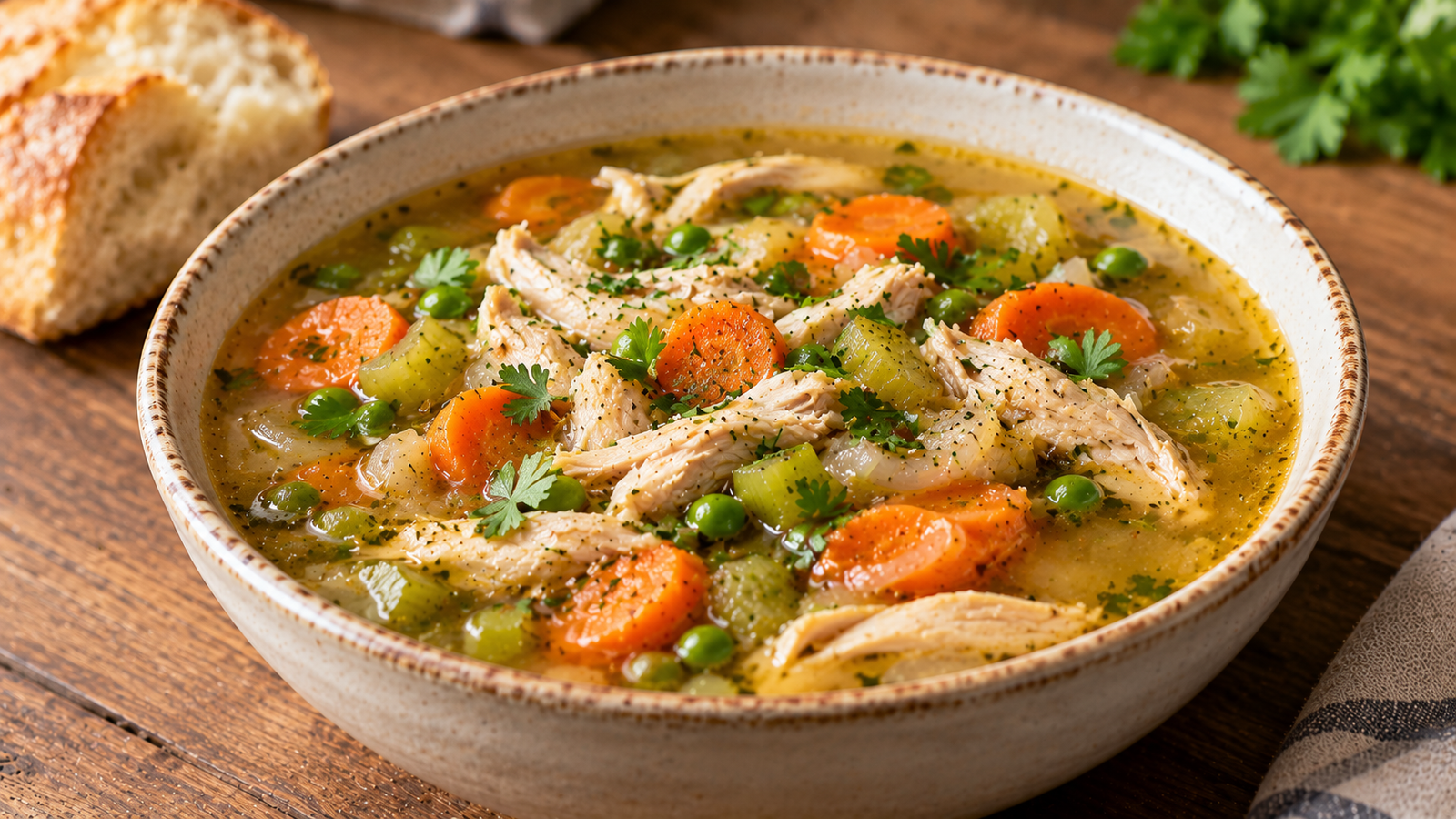 Classic homemade chicken soup with tender chicken, vegetables, and savory broth