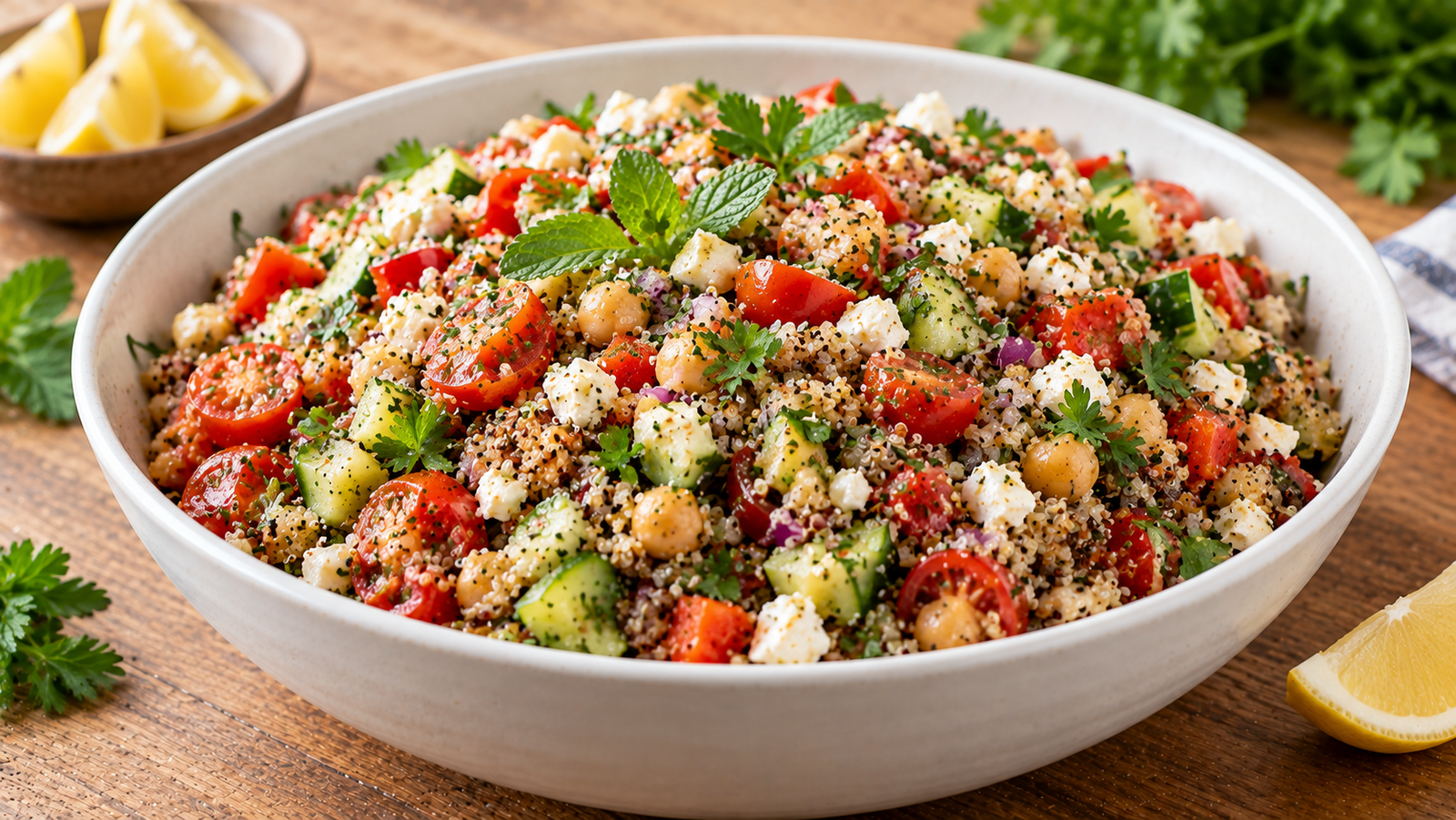 Classic homemade grain salad with quinoa, chickpeas, fresh vegetables, herbs, and feta