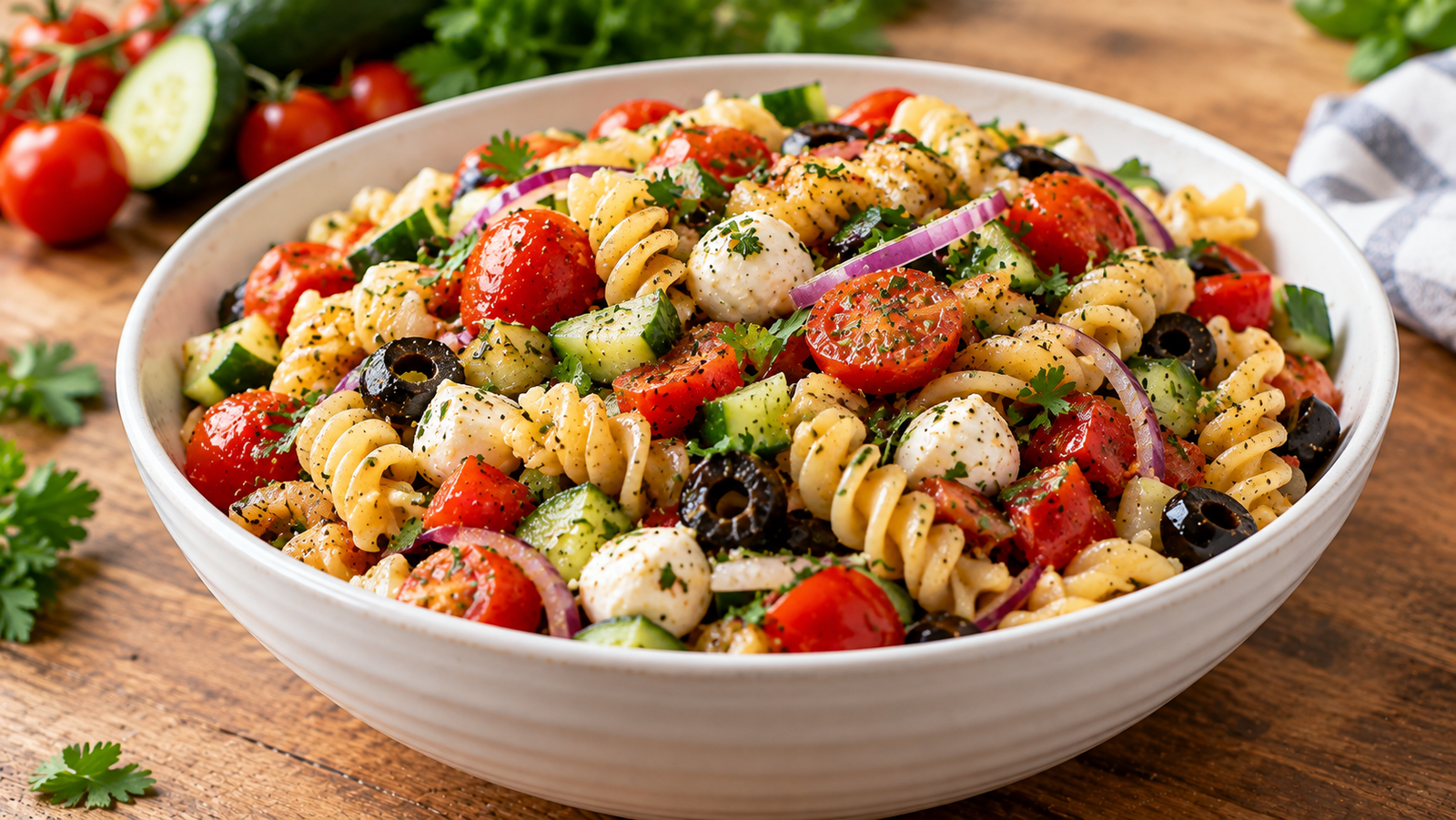 Classic homemade pasta salad with vegetables, mozzarella, herbs, and tangy dressing