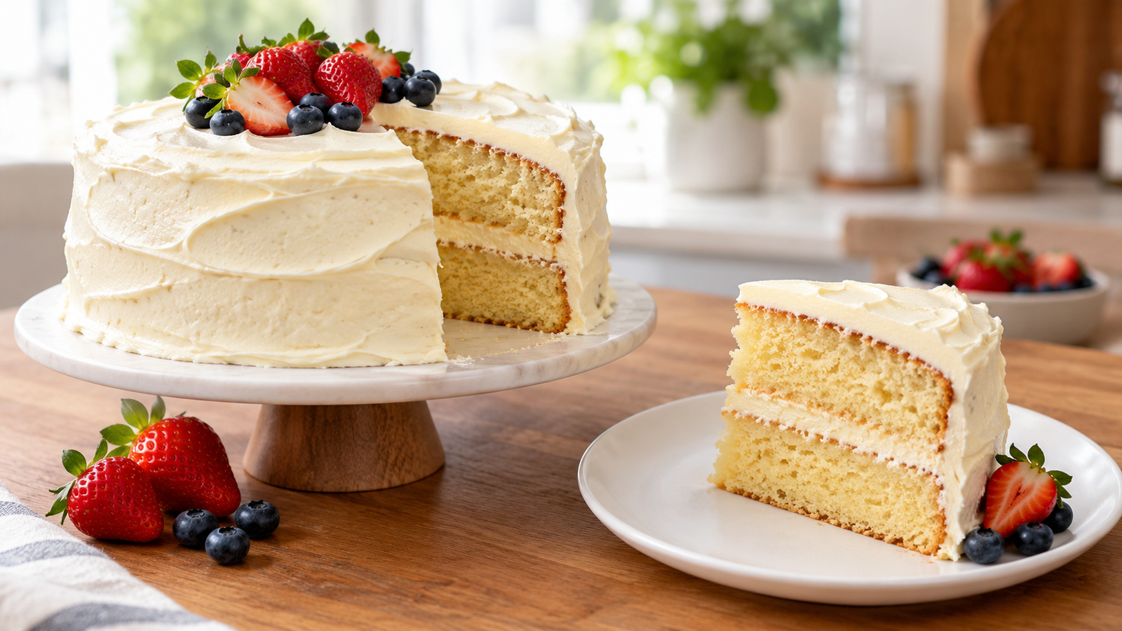 Classic homemade vanilla cake with creamy vanilla frosting and soft tender layers