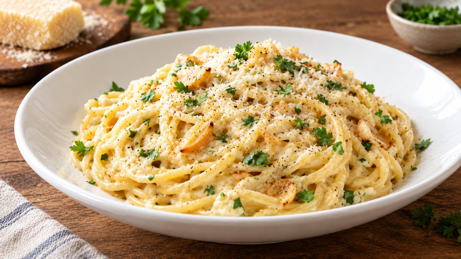 A bowl of creamy garlic Parmesan pasta topped with grated cheese and chopped parsley