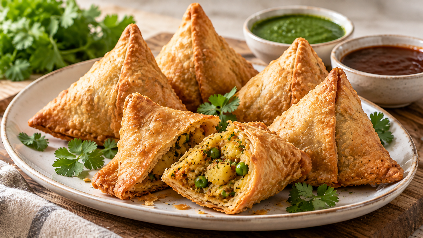 Golden fried potato samosas arranged on a plate with mint and tamarind chutney