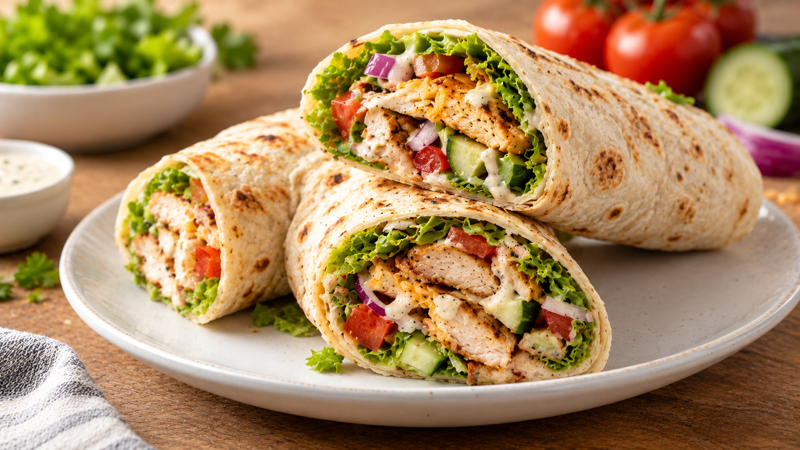 Sliced chicken wrap on a plate showing seasoned chicken, lettuce, tomato, and creamy sauce inside a soft tortilla