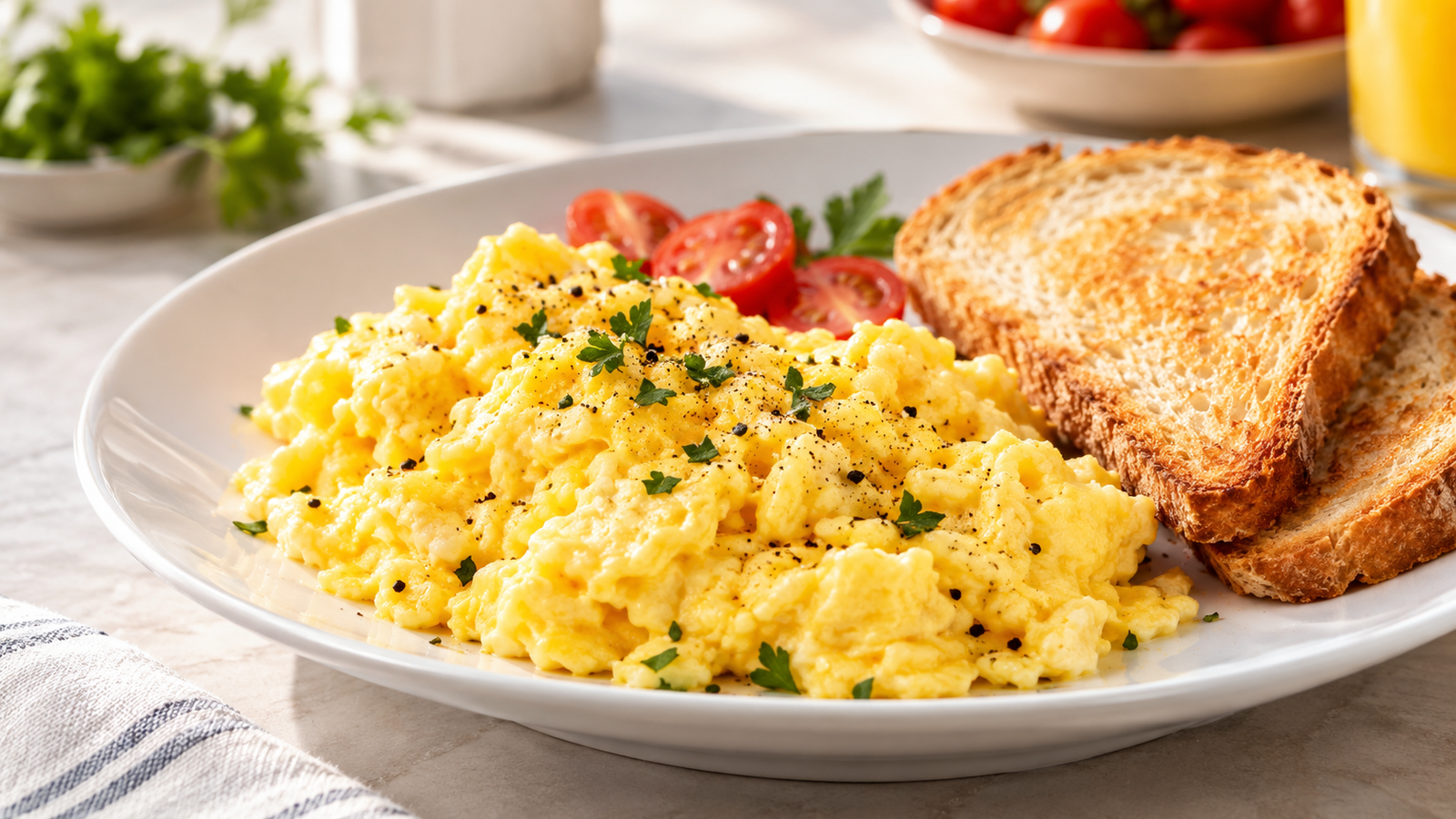 A plate of soft, creamy scrambled eggs with a fork, garnished with a sprinkle of black pepper