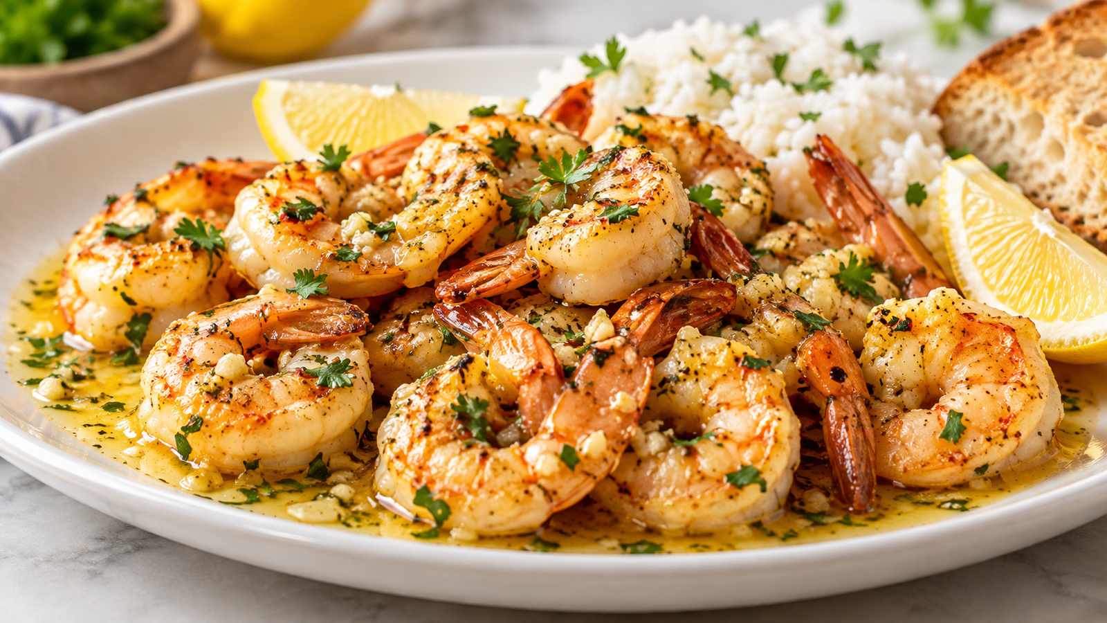 Cooked garlic butter shrimp in a skillet garnished with parsley and lemon