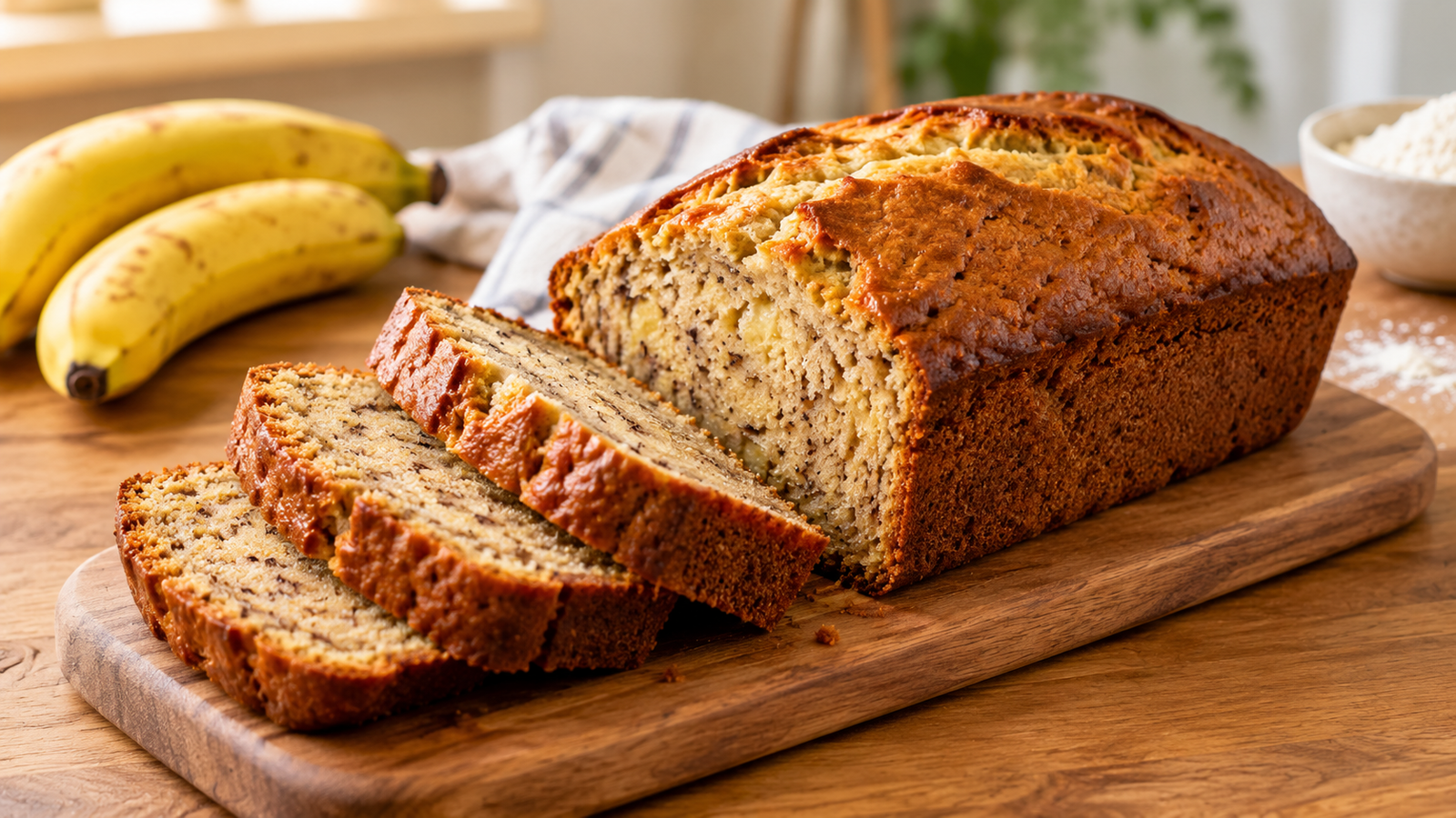 Sliced homemade banana bread on a wooden cutting board, showing a moist, golden interior.