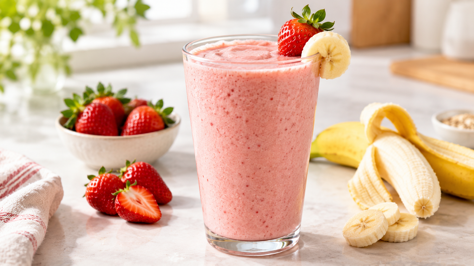 A glass of creamy strawberry banana smoothie garnished with a fresh strawberry on the rim.